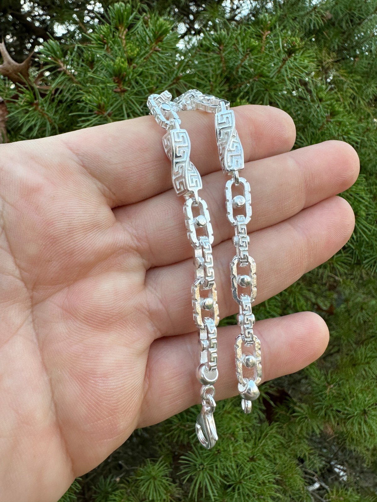 Real 7mm 925 Sterling Silver Custom Greek Key Hermes Rolo Link Chain Bracelet