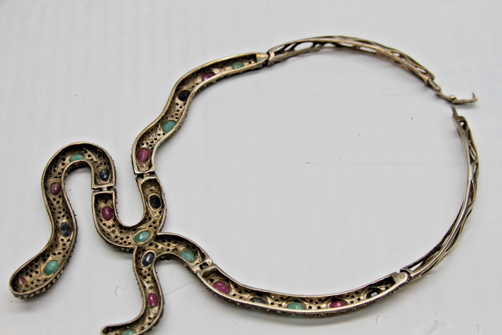 Ruby, Emerald, Sapphire, Marcasite Snake Necklace 925 Sterling Silver 77g
