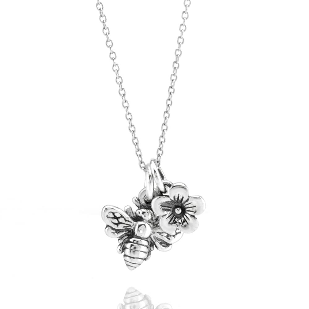 Bumble Bee Charm Sterling Silver Necklace with Flower Charm Necklace