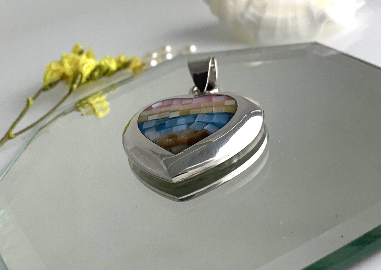 Pendant 925 Sterling Silver HQ Thai ATI Multicolor Mother of Pearl Mosaic Inlay