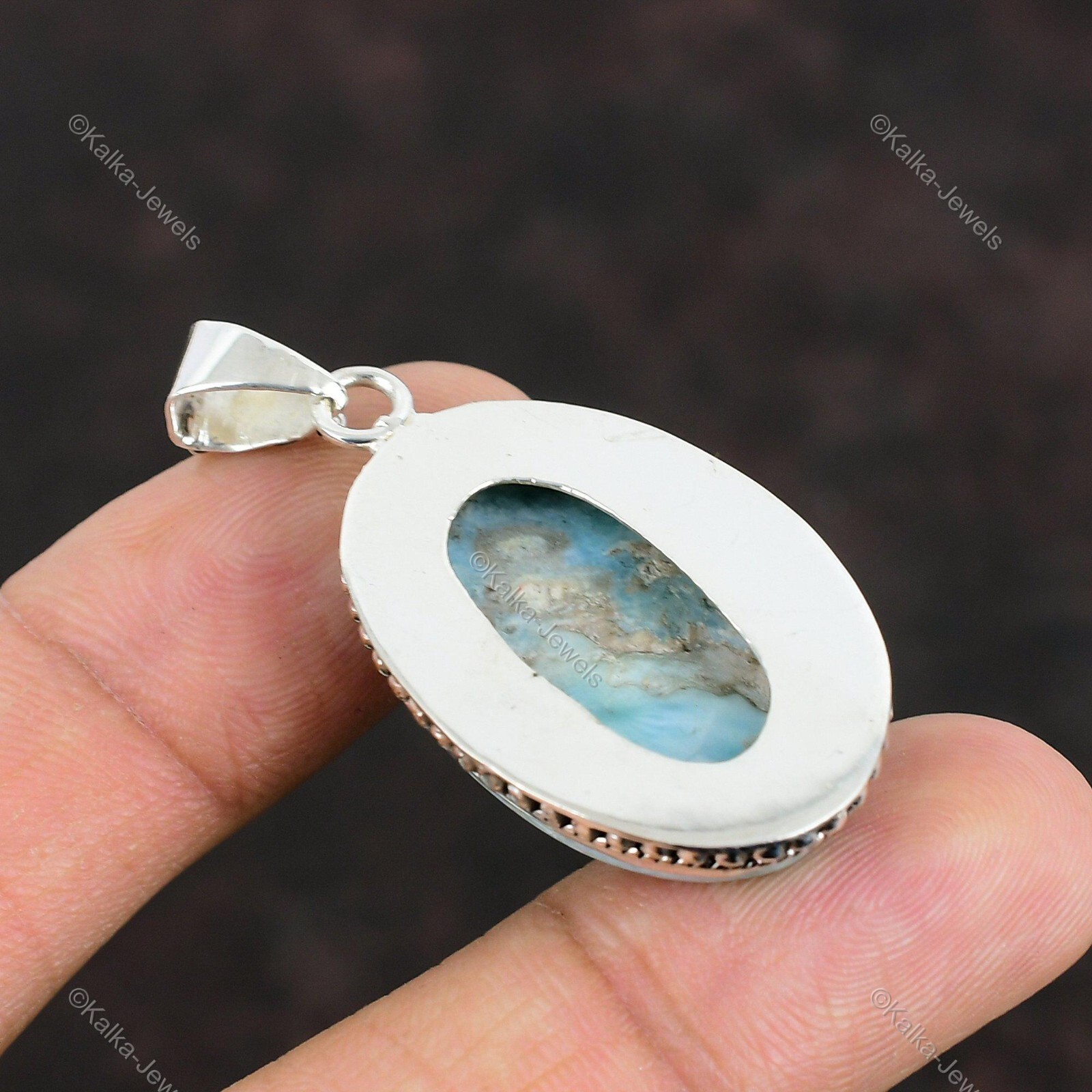 Natural Larimar Gemstone Pendant Blue 925 Sterling Silver Indian Jewelry