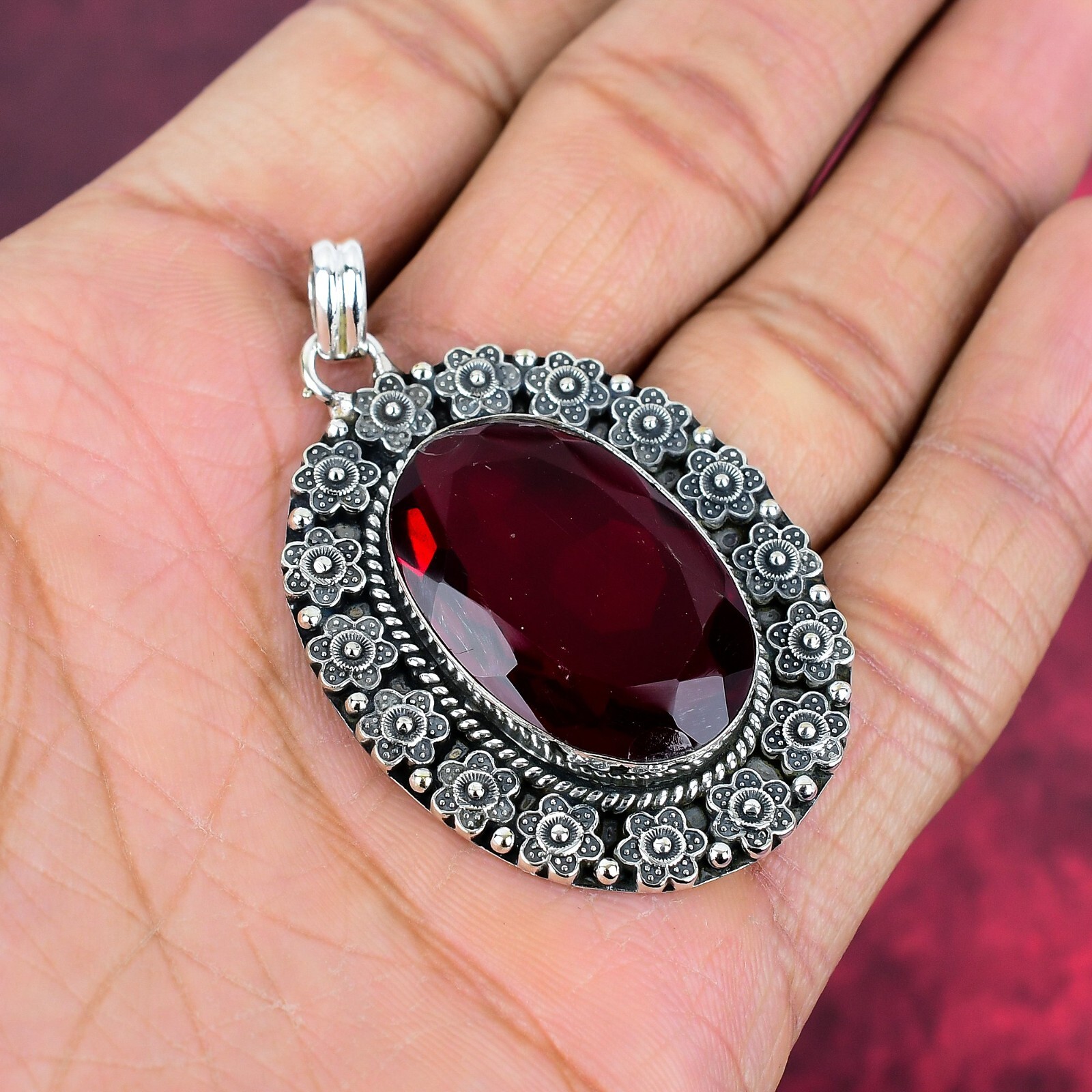 Red Garnet Gemstone Handmade 925 Sterling Silver Pendant Jewelry