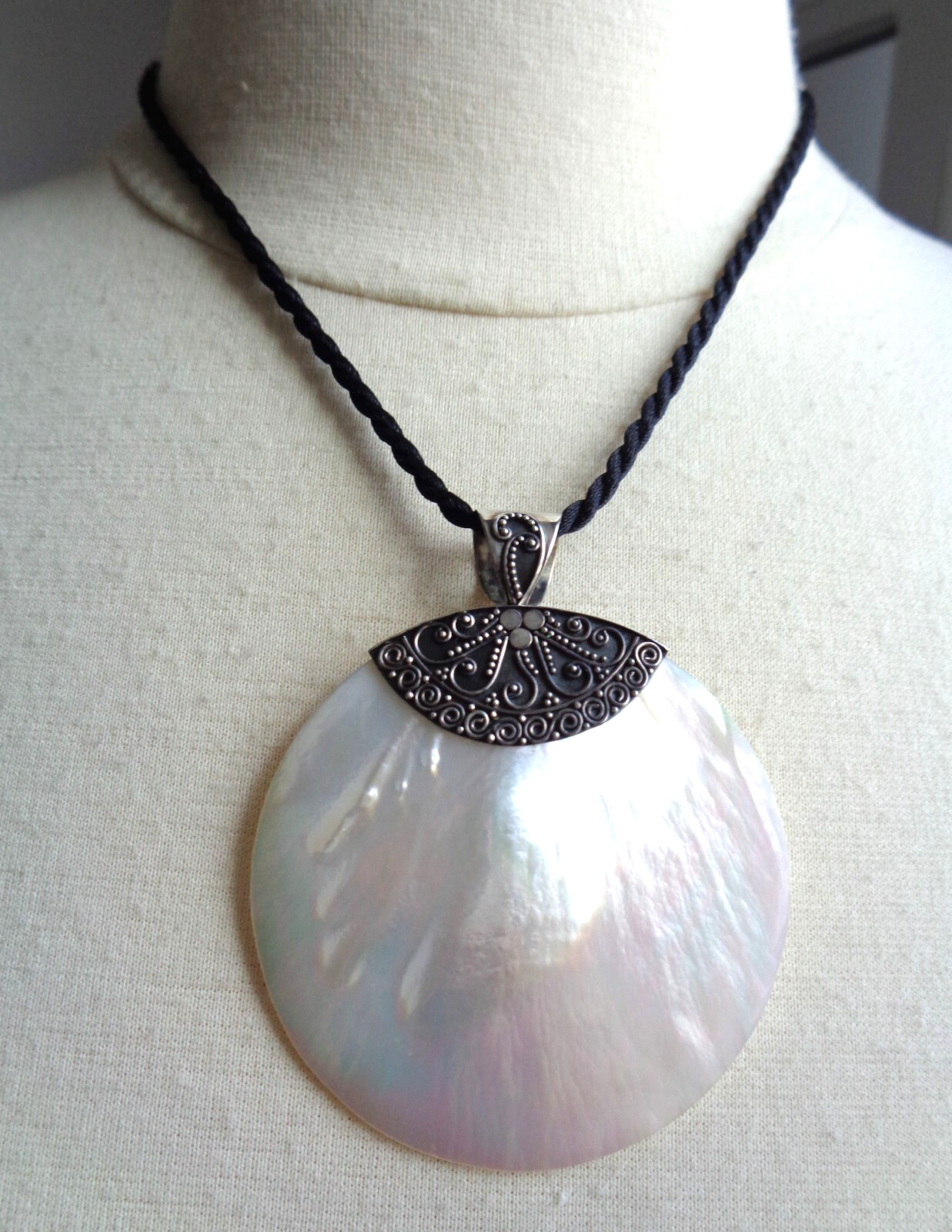 Sterling 925 Stamped, Signed, made in Indonesia, MOP Large Unique Pendant Neckla