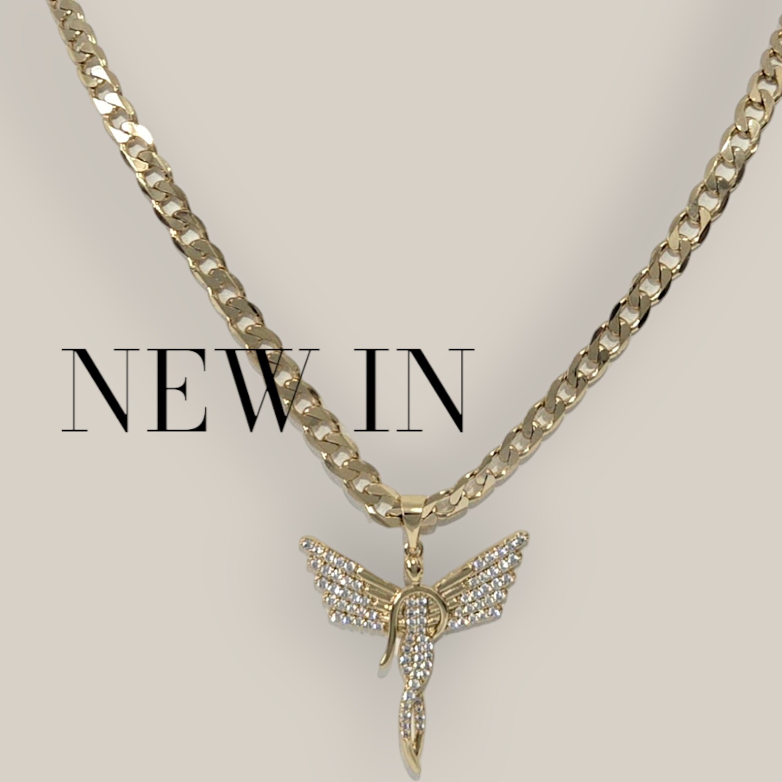 Gold Angel Pendant, Silhouette Angel Wings on 5mm Belcher Chain 30″ 9ct Guilded