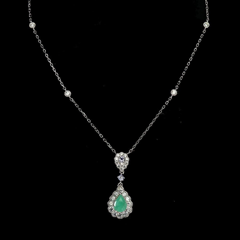 925 Sterling Silver Necklace Pear Emerald 7x5mm Natural Gemstone Jewelry 17in