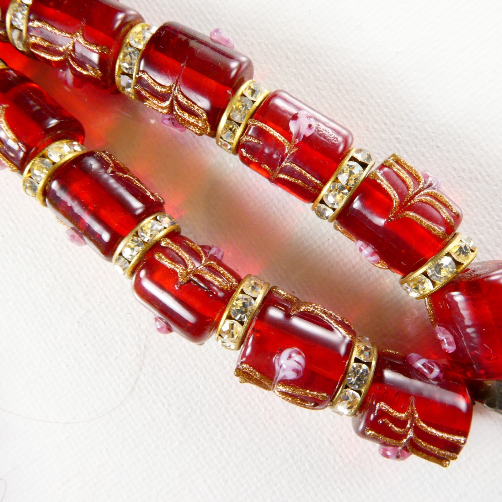 Sterling Silver Garnet Cross Pendant Necklace Red Glass Barrel Beads Crystals