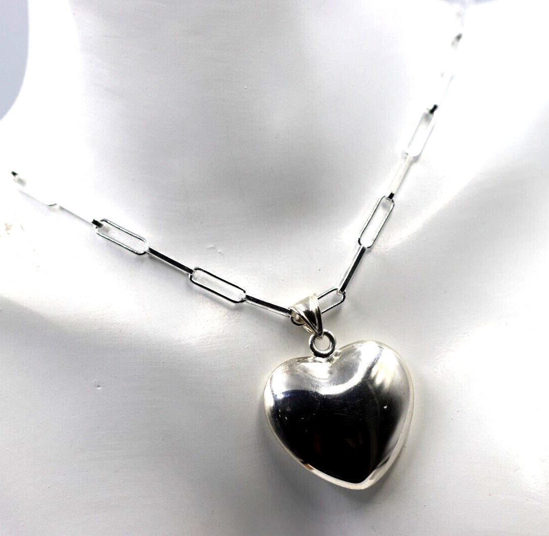 Sterling Silver 925 Paperclip 70cm Necklace + Puffy Heart Pendant -Free Post