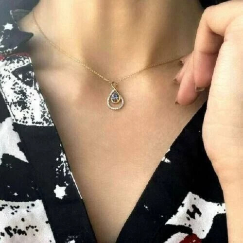 1.00Ct Round Cut Blue Tanzanite Solitaire Pendant 14K Yellow Gold Finish Chain