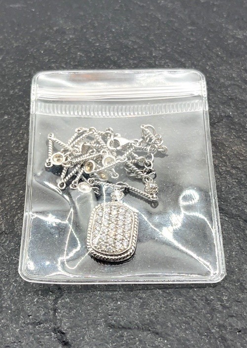 ADI Sterling Silver CZ Dog Tag Pendant with Twisted Bar Link Station 18” L Chain