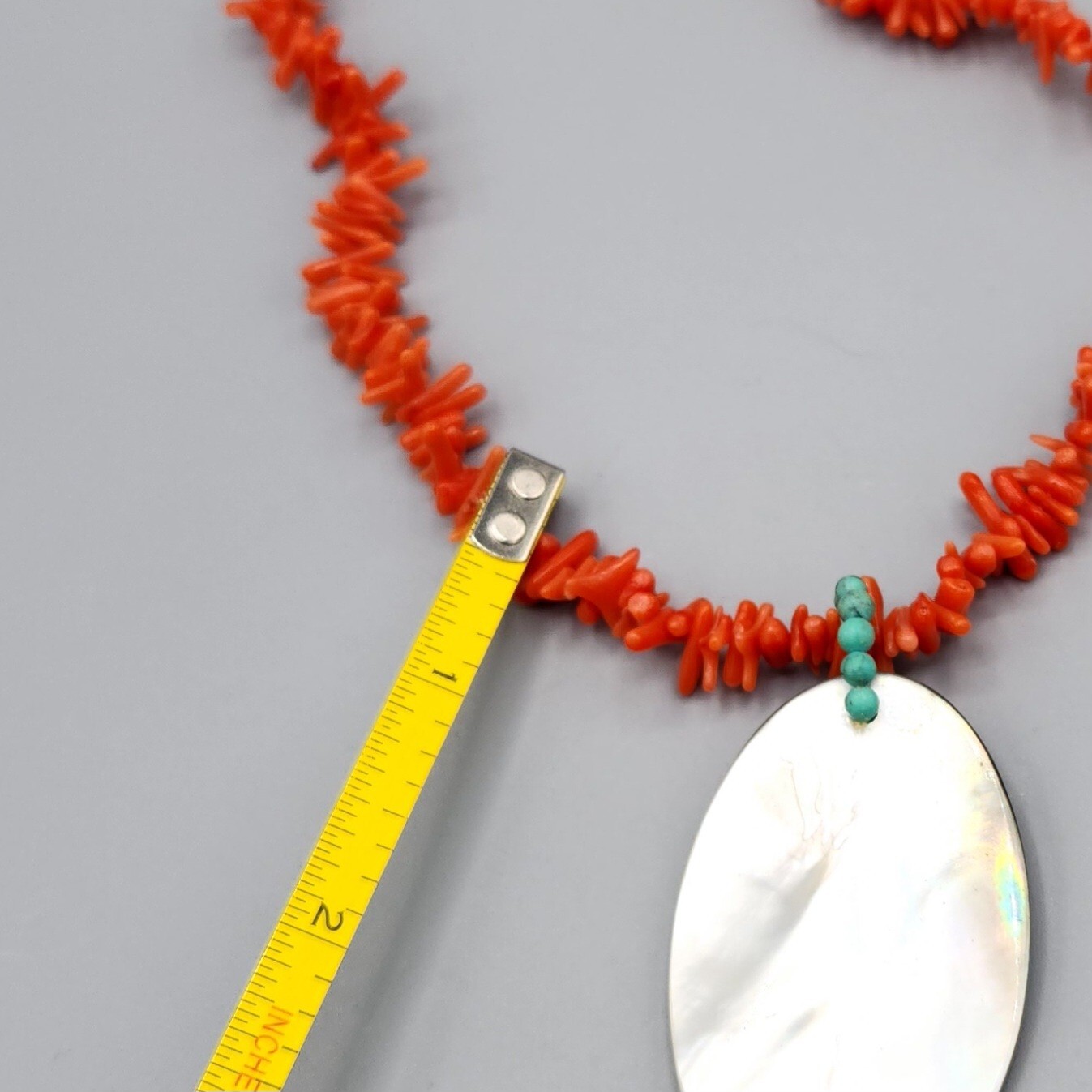 Red Branch Coral Turquoise Mother of Pearl Sterling Silver Necklace 16″ 25.7g