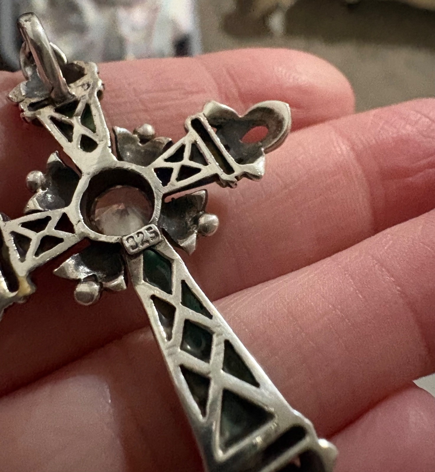925 Sterling Silver Cross Pendant Turquoise Coral Lapis 2″ 7.16 grams CZ Gemston