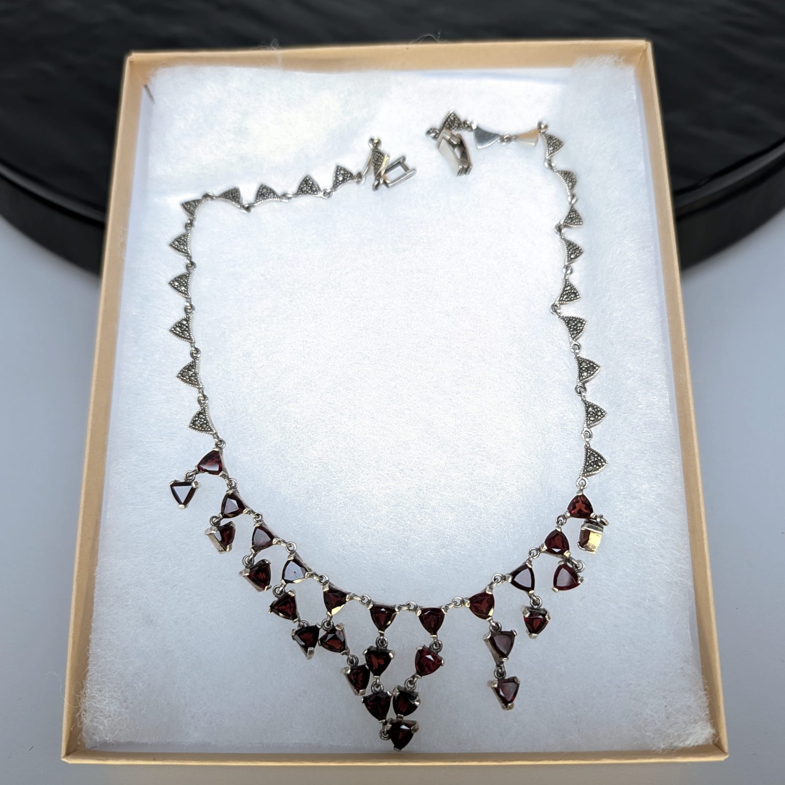 Sterling Silver 925 Garnet Marcasite Choker Necklace Red Dangles Fringe