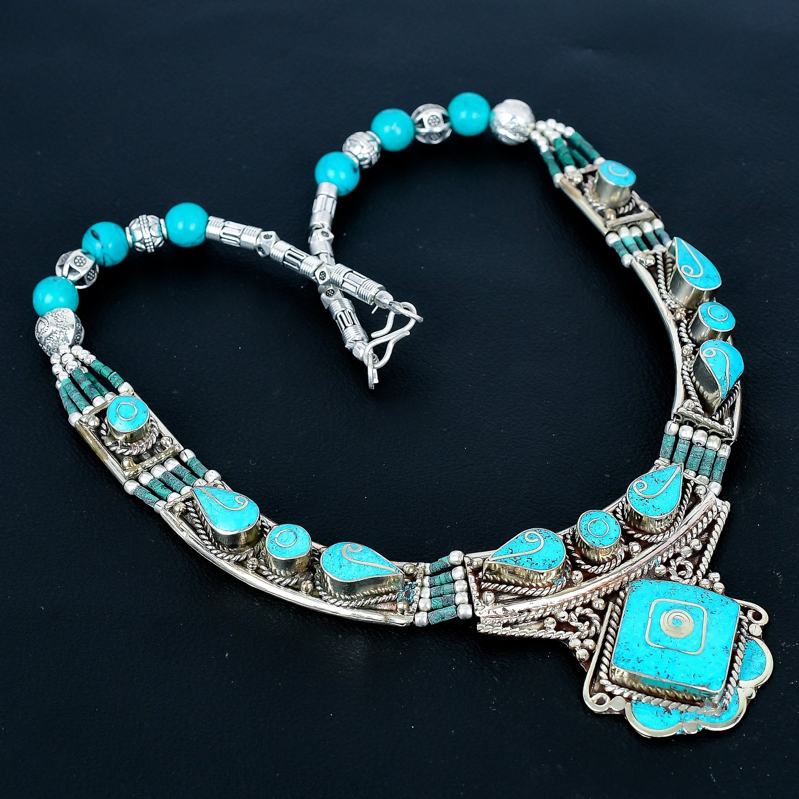 Turquoise Handmade 925 Sterling Silver Tibetan Nepalese Nepali Necklace 18″ J674