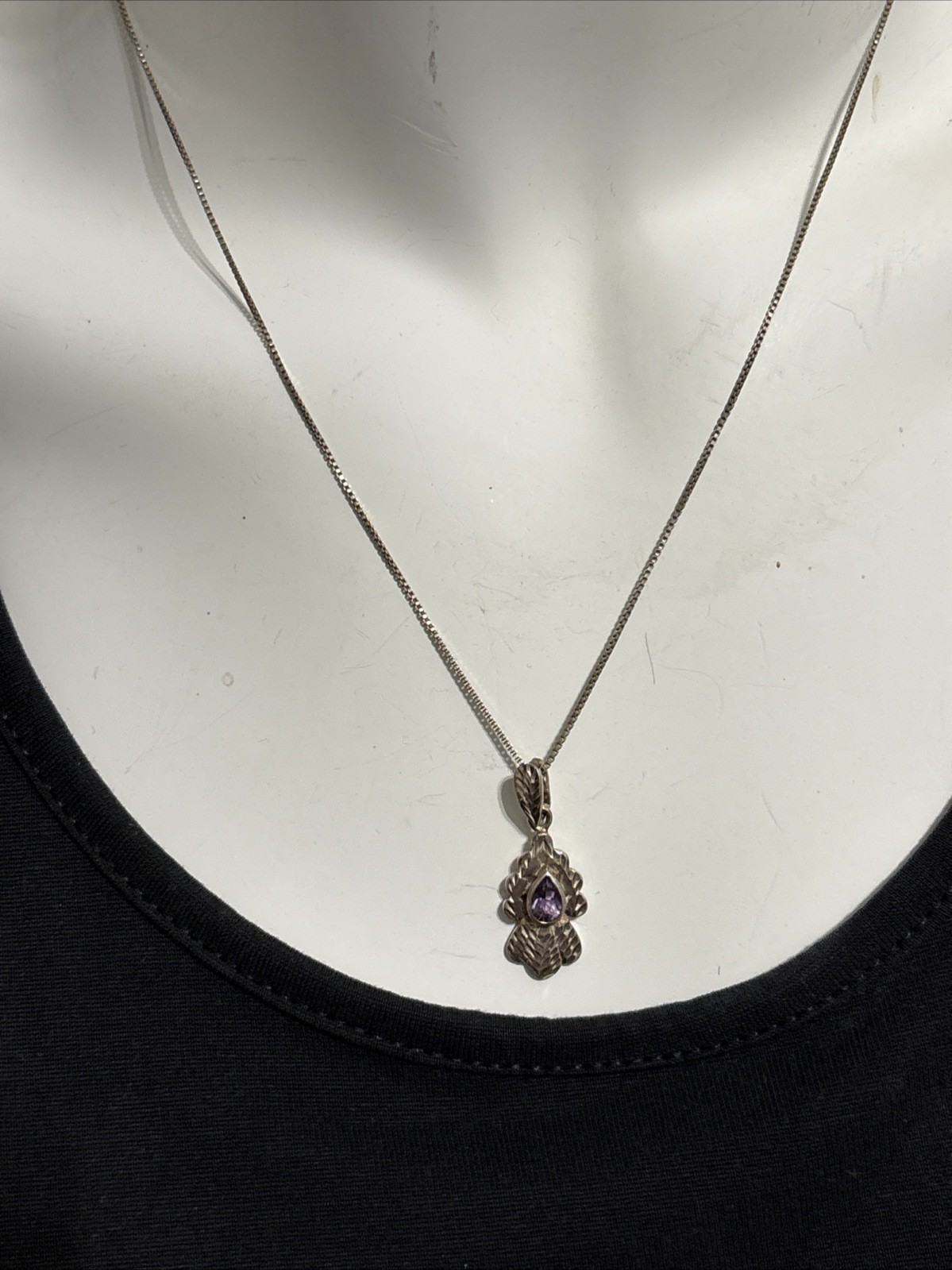 925 Italy Sterling Silver 18” Thin Box Chain & Amethyst Stone Pendant Necklace