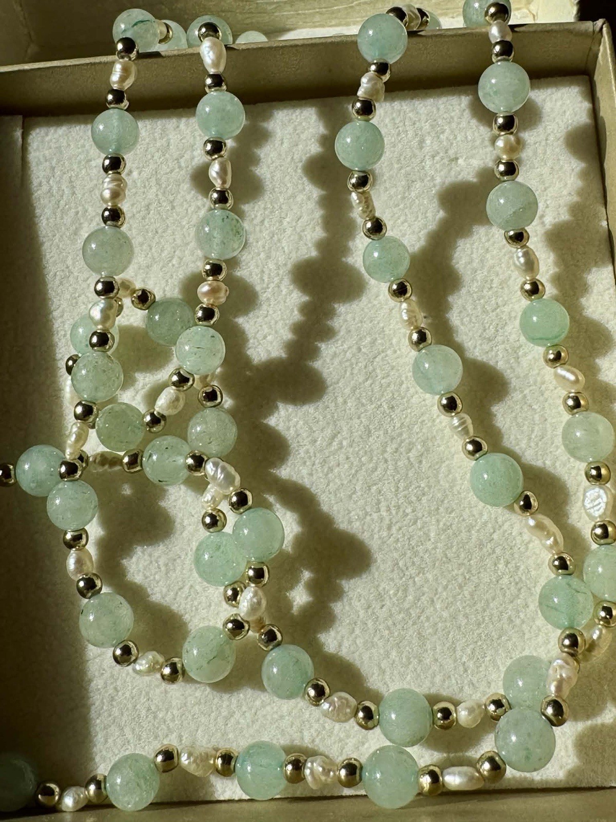 Vintage solid 10K Jade and Pearl 30” Infinity Necklace