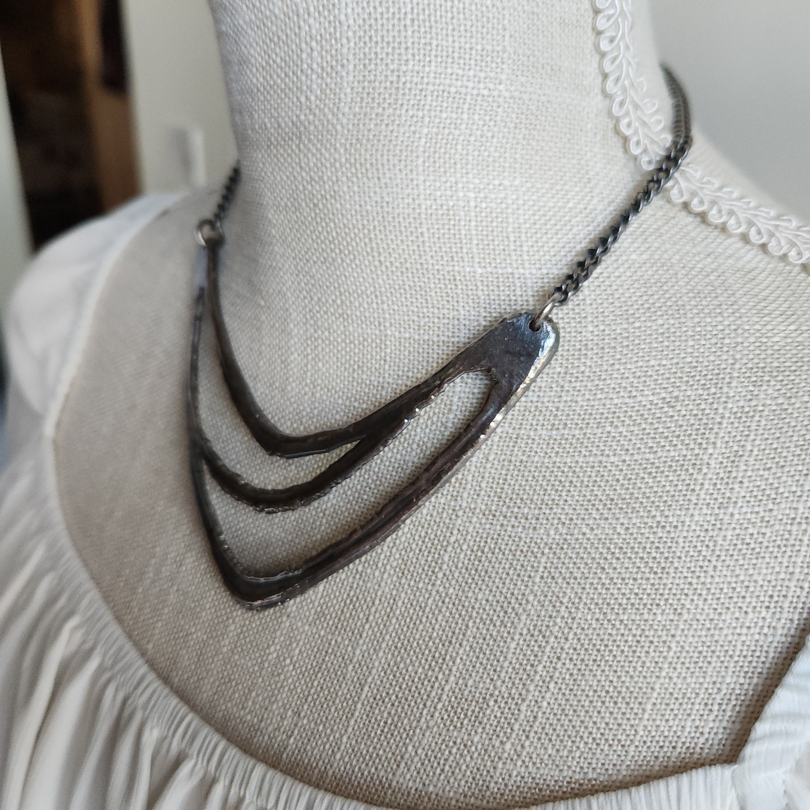Artisan Hammered Oxidized Silver Necklace by AJ | Layered Abstract Modernist