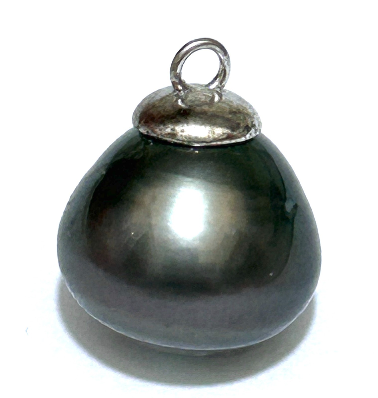 Oval 13.2 x 12.8mm Tahitian South Sea Natural Peacock Black Green Pearl Pendant