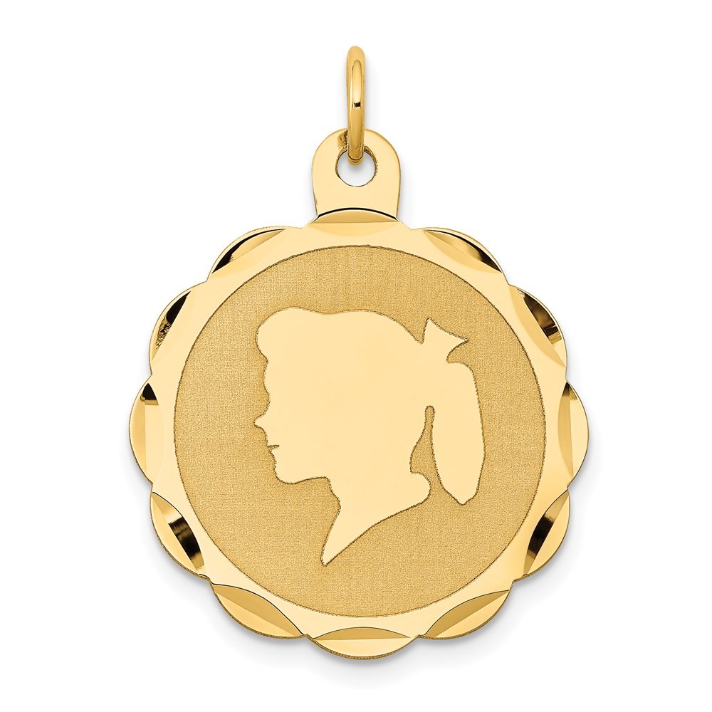 14k Yellow Gold Girl Head on Engravable Scalloped Charm Pendant L-1.15 In 1.53gm