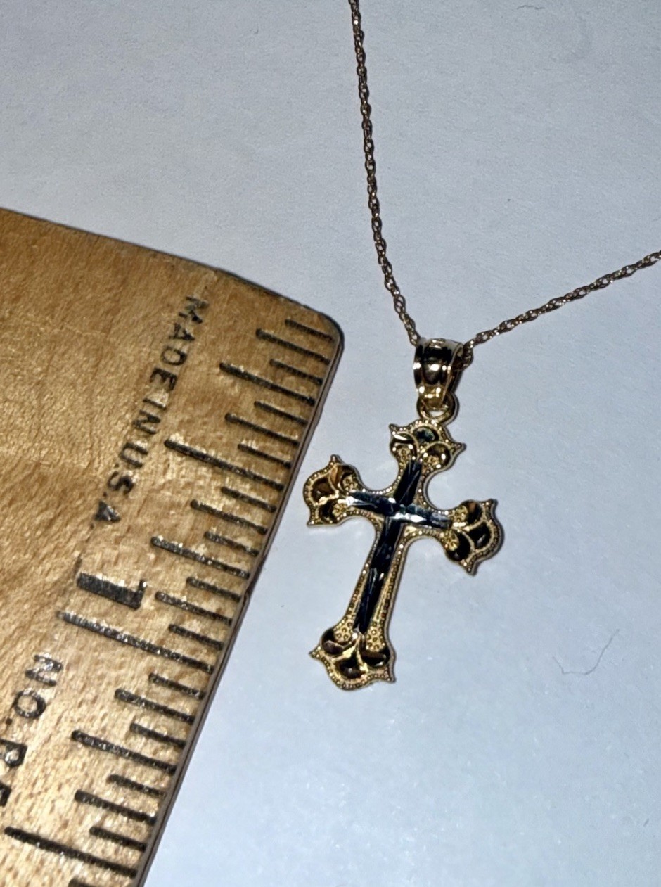 ESTATE Solid 10K Gold Fancy Cross Pendant Chain Necklace 18”