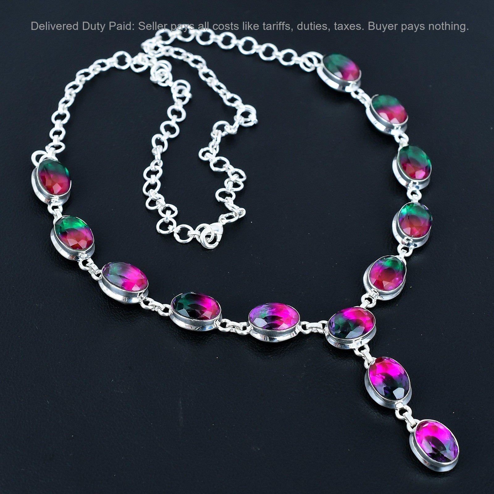 Oval Natural Multi Tourmaline 925 Silver Wife Handcrafted Chain Necklace Jewelry