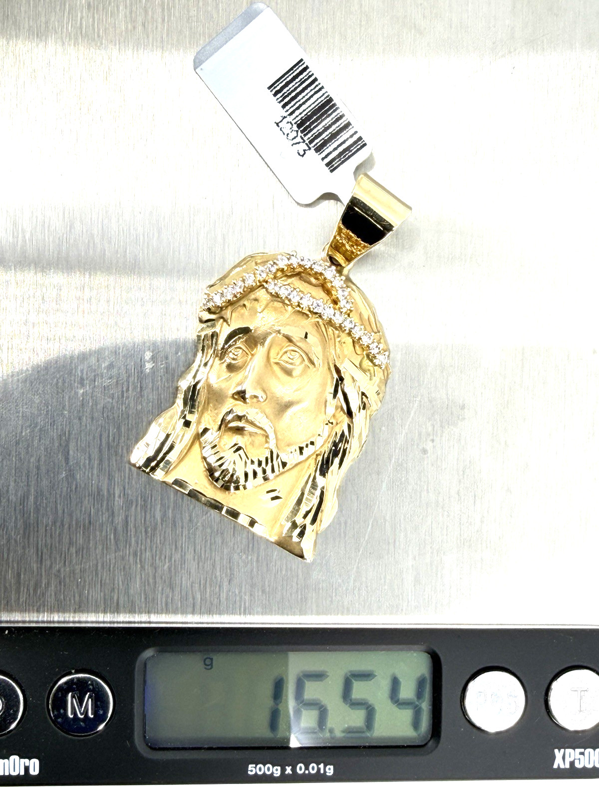 14K Solid Yellow Gold Jesus Face Piece Crown of Thorns CZ Pendant Italy