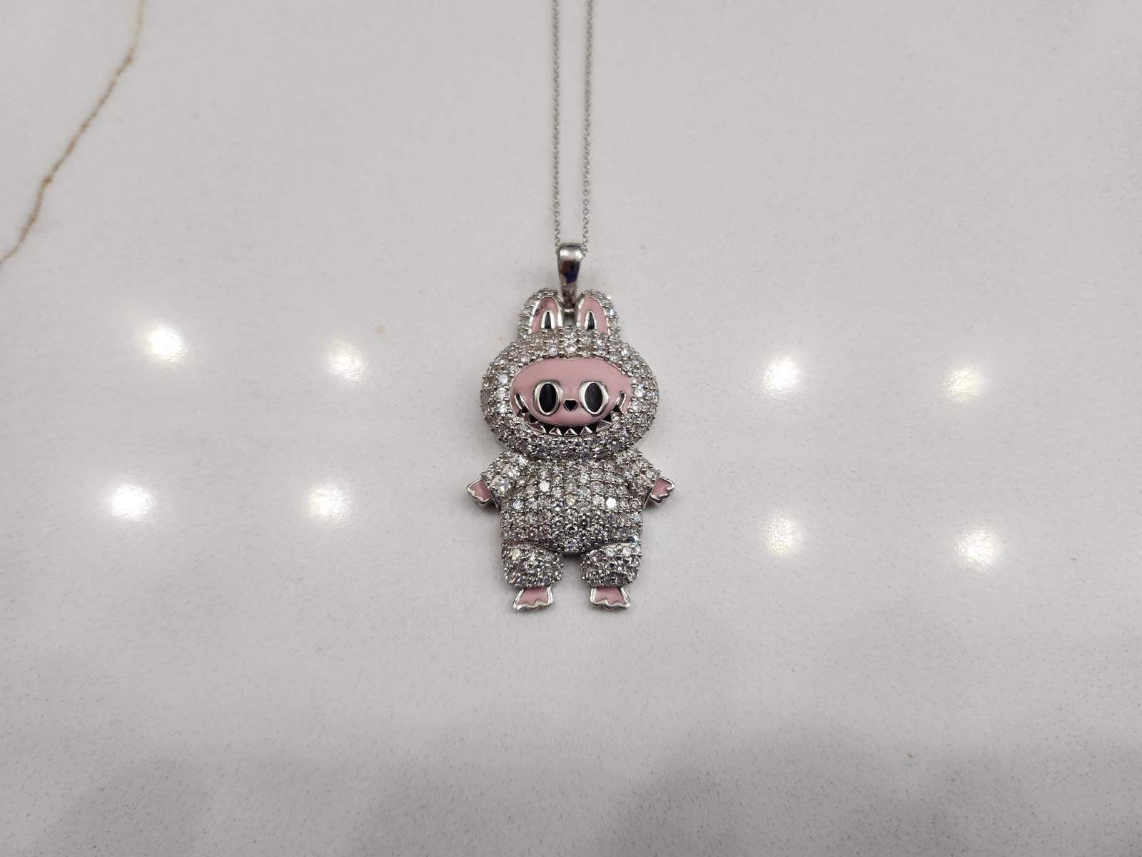 2.5 CT Lab Diamond Necklace with Labubu Doll Pendant 925 Sterling Silver & Pink