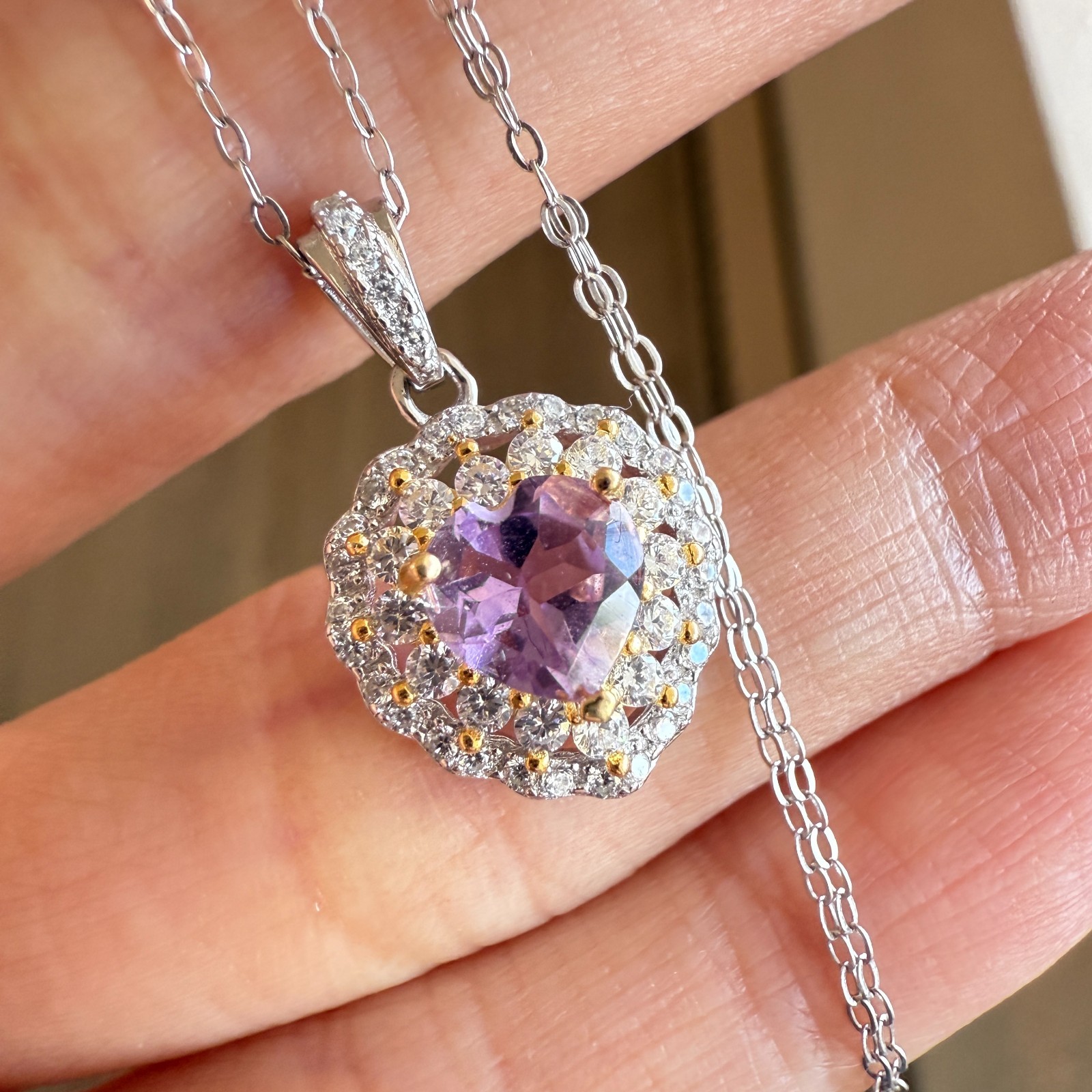 925 Sterling Silver Necklace 5mm Heart Natural Amethyst Gemstone Zircon Chain
