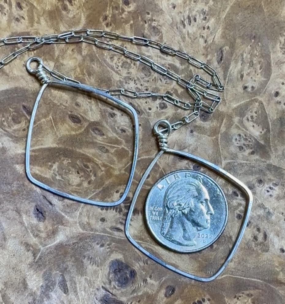 Sterling Diamond Geometric Hoop Paper Clip Lariat Style Necklace 23” Handmade