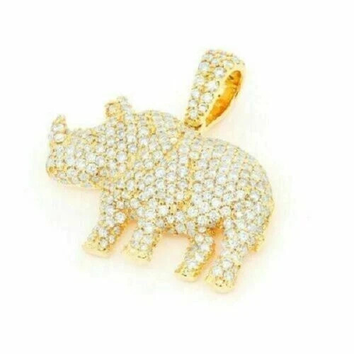 2.00CT Round Cut Diamond Rhinoceros Pendant With Chain 14K Yellow Gold Finish