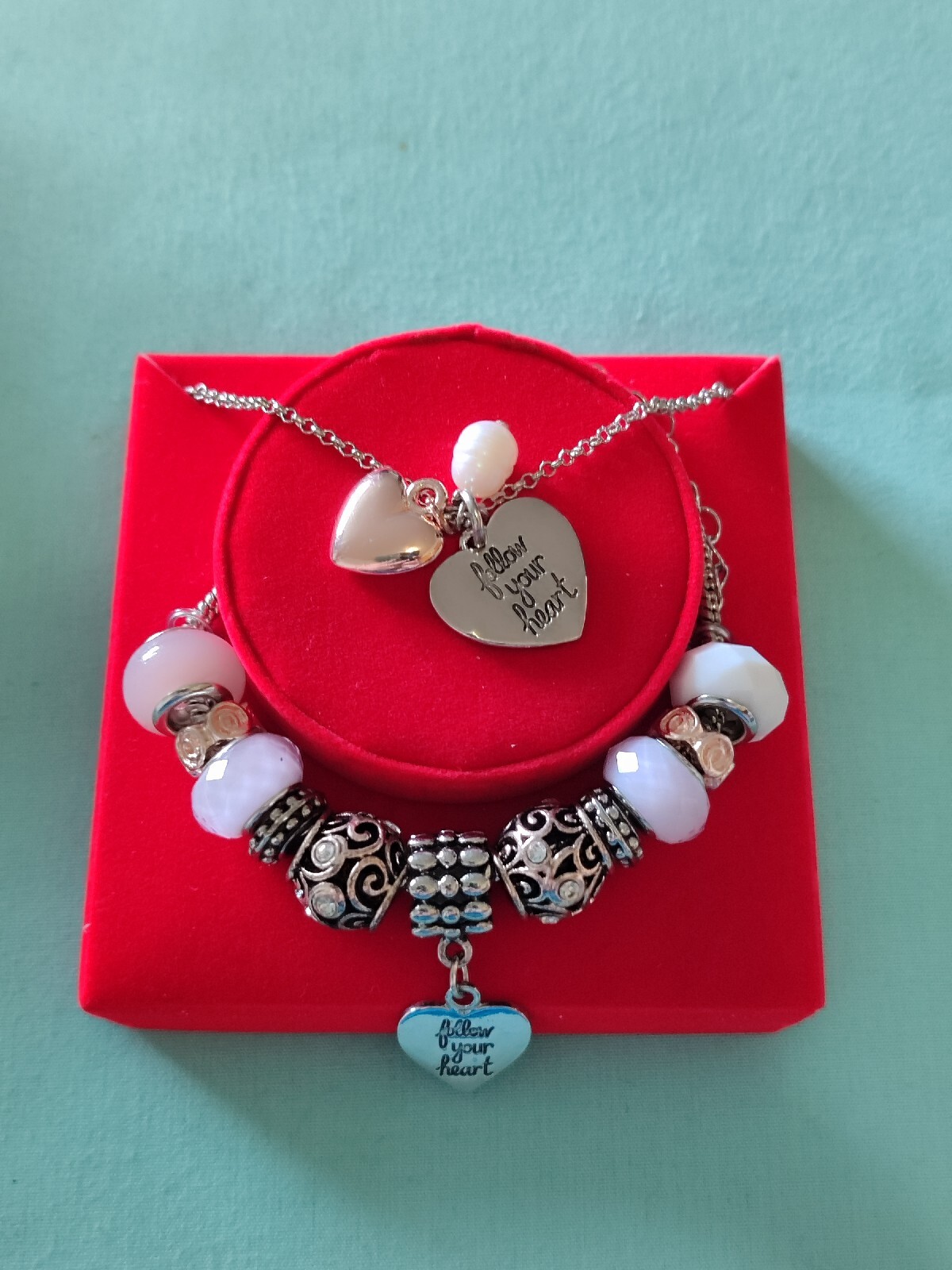 Follow Your Heart Charm Necklace And Bracelet Set In Original Package Silver Plt