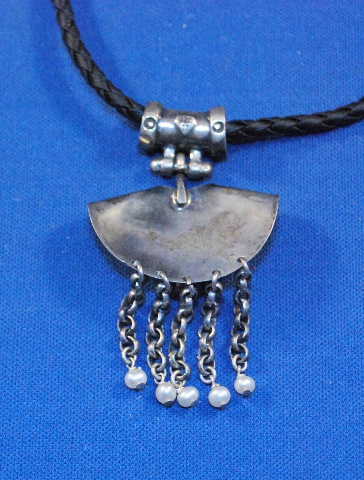 Sterling Silver 925 Necklace Marked G7 Southwest Style Pendant Black Cord 16”