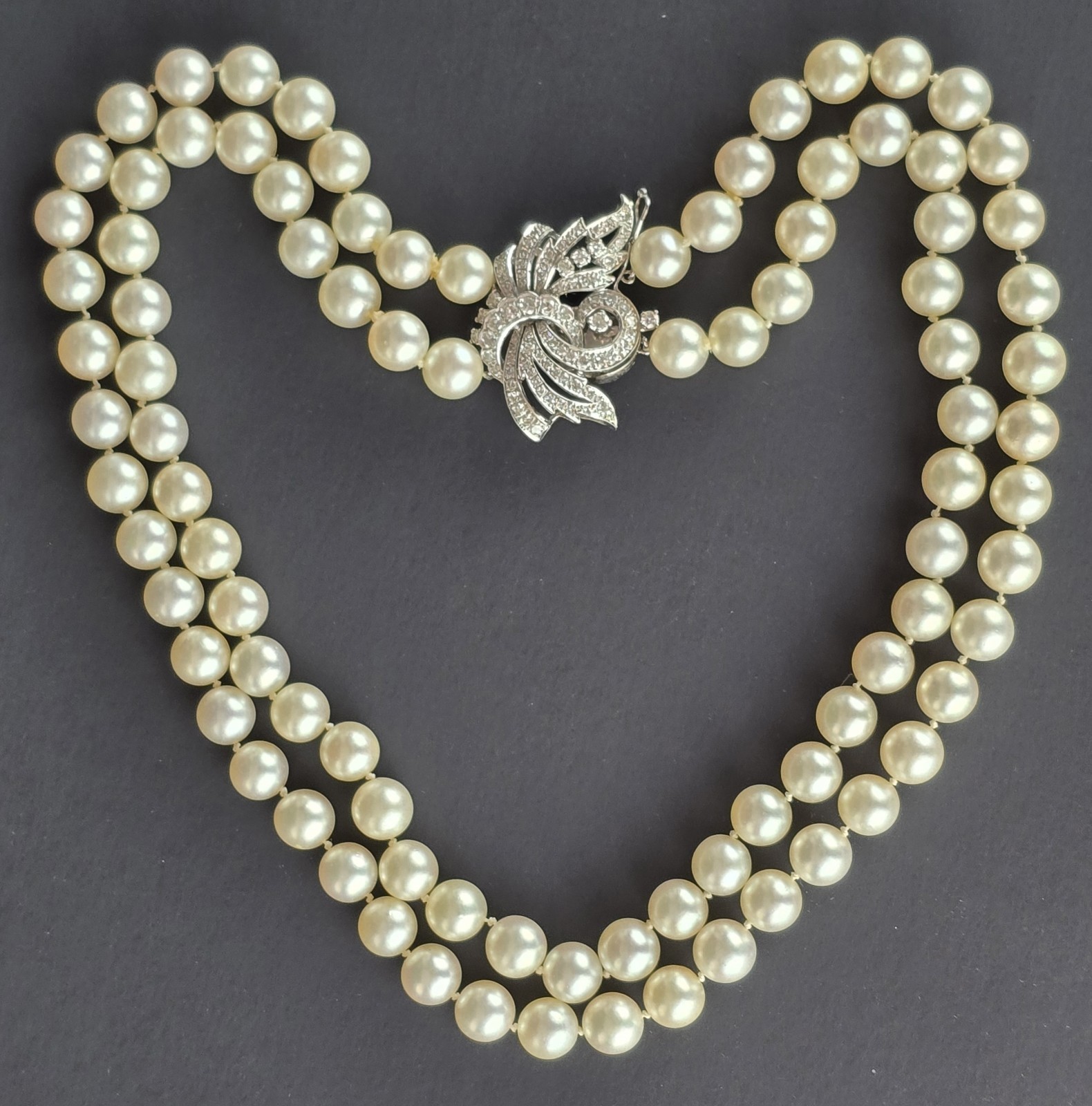 14k White Gold Diamond Clasp 2 Strand Akoya Saltwater Cultured Pearl Necklace