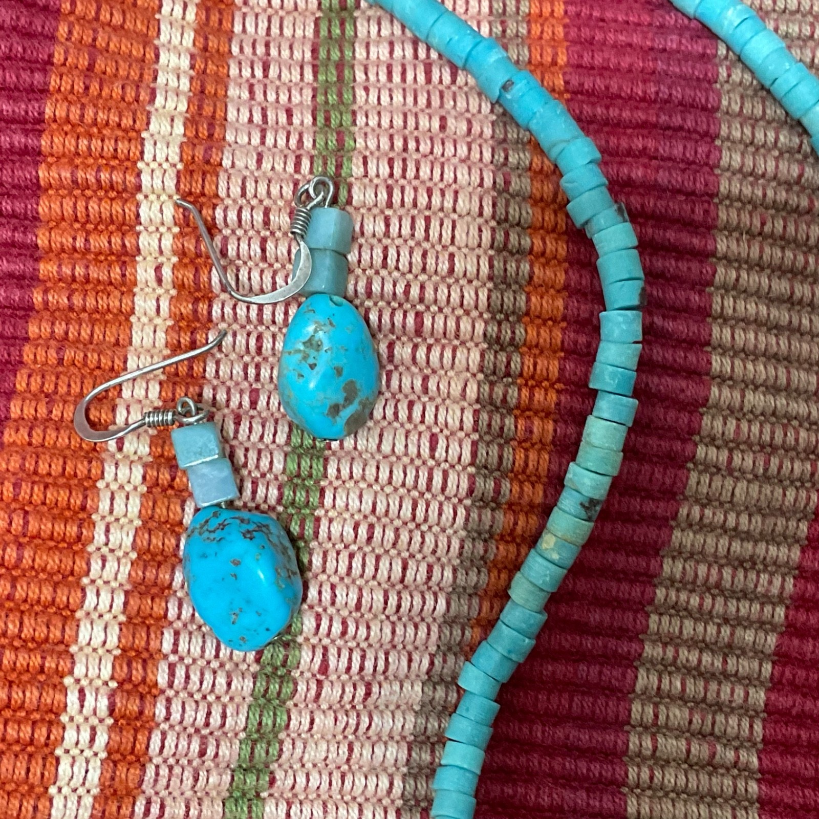 Artisan Turquoise Heishi Bead Collar Necklace Sterling Silver Gift Earrings 925