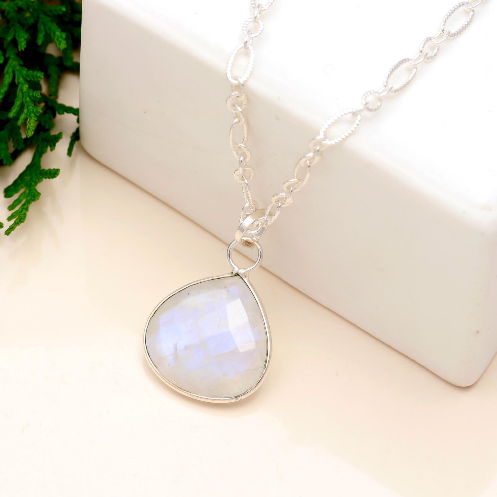 White Rainbow Moonstone 925 Sterling Silver Minimalist Pendant Necklace 18″