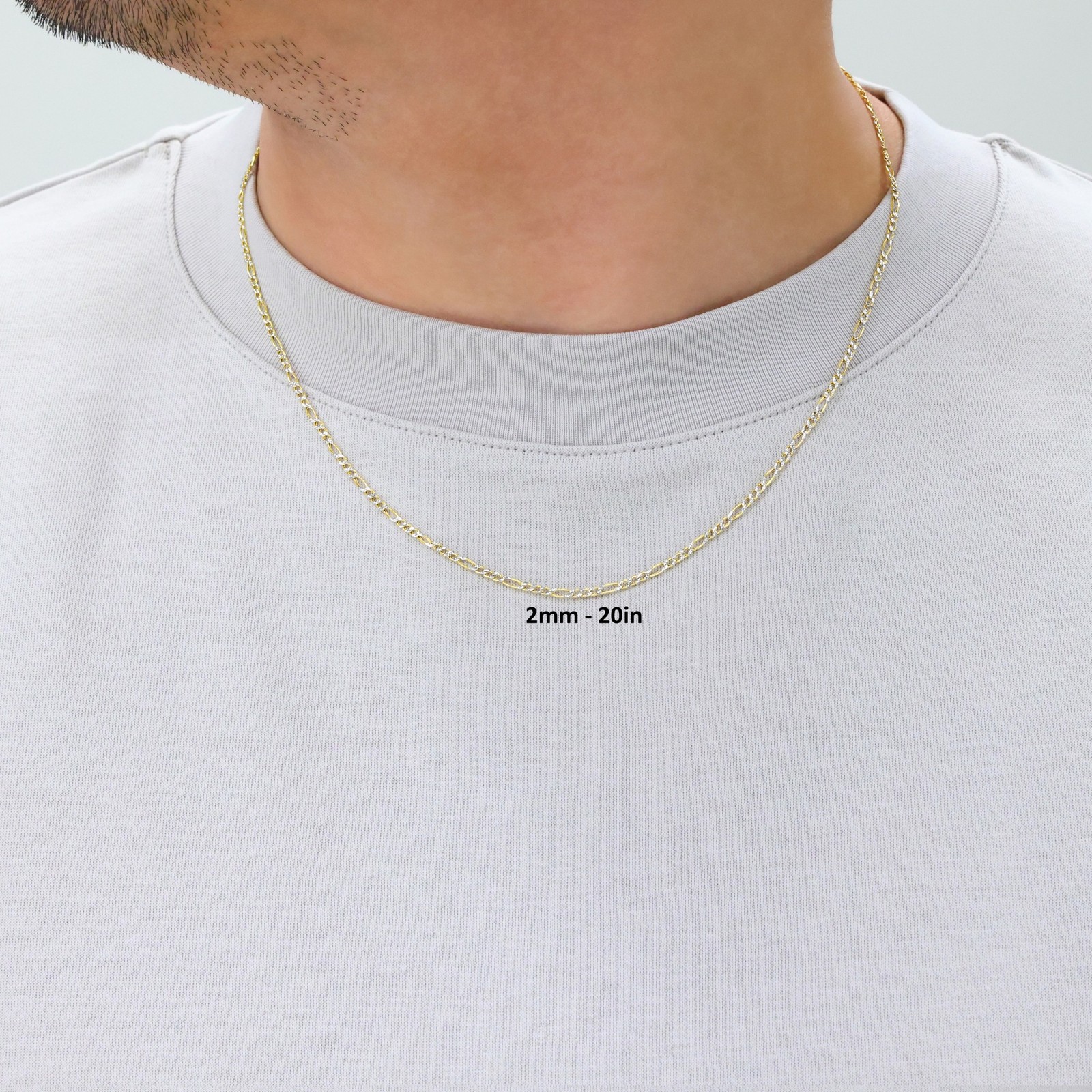 10K Yellow Gold 2mm Diamond Cut White Pave Figaro Chain Link Necklace 16″- 24″