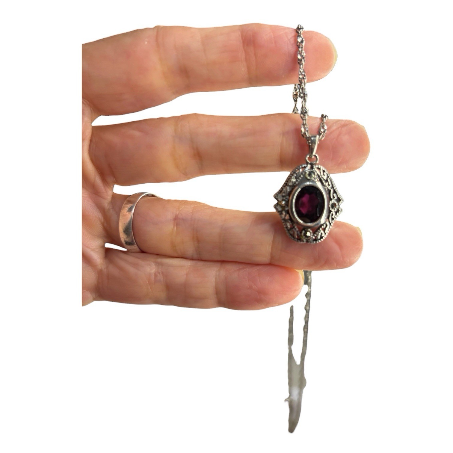 Sterling Silver 925 Garnet Red Marcasite Pendant Necklace Made In Italy Stamped