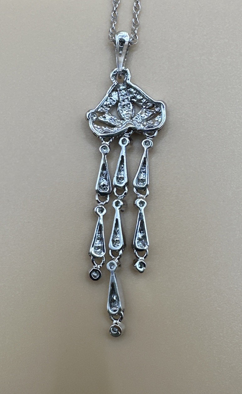 925 Sterling Silver Art Deco Style Marcasite Dangle Drop Pendant Necklace