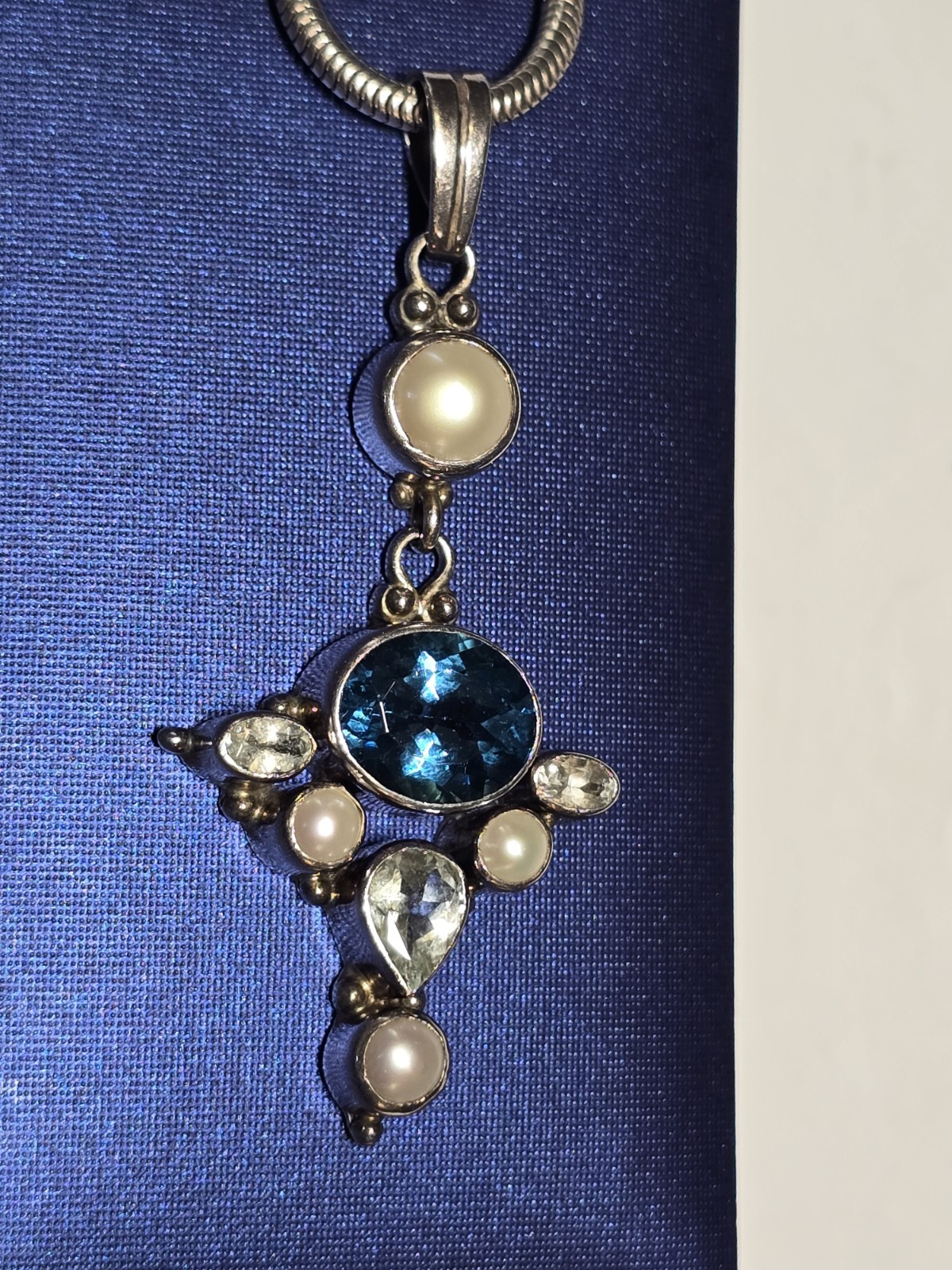 925 Sterling Silver Snake Chain Blue Stone Pearl Pendant 16″ Long