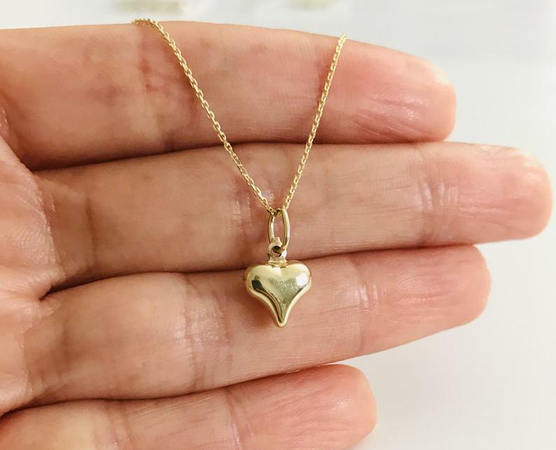 10K Real Gold Puffy Heart 14mm / 0.55″ Pendant, 3-D Puffy Heart Necklace – C2905