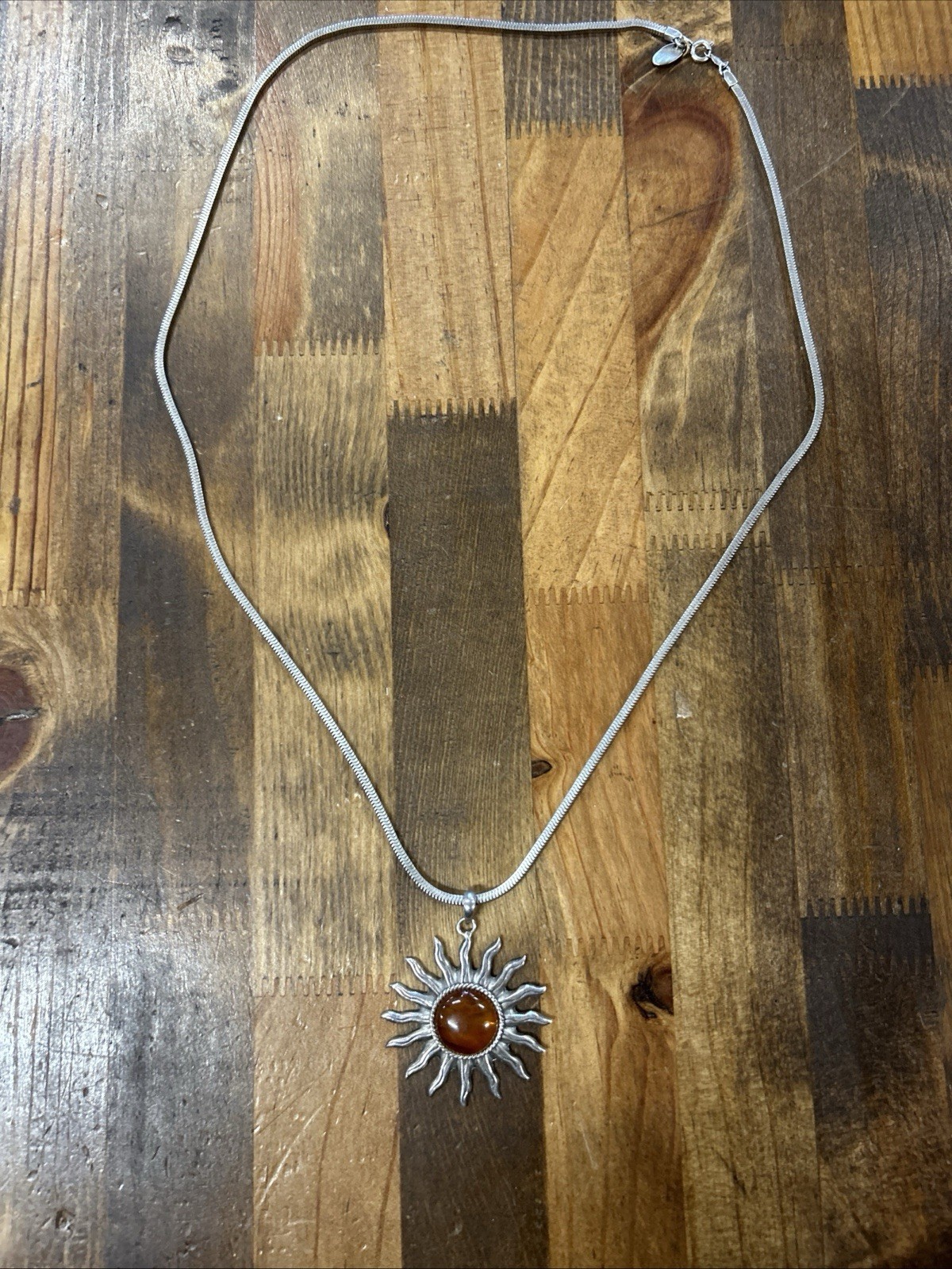 23.5” Les Bernard Inc. 925 Silver Square Snake Chain Amber Sun Pendant Necklace
