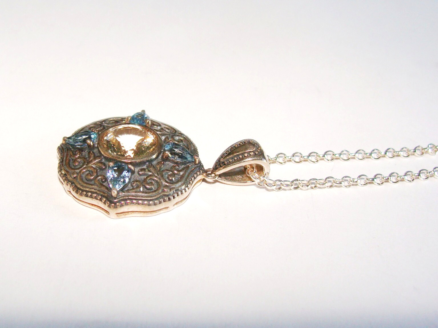 HT Sterling Silver Citrine Blue Topaz Round Shield Ethnic Pendant & 18″ Necklace