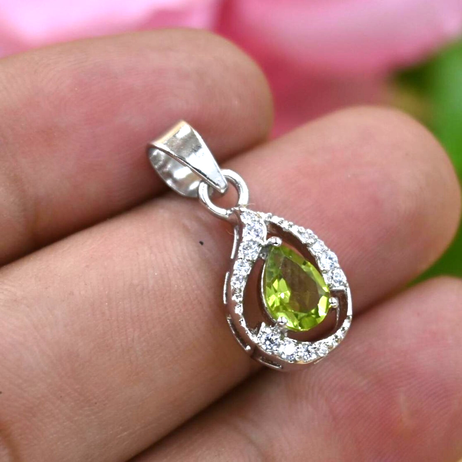 Natural Peridot Pendant Pear Cut 925 Sterling Silver Pendant gifts for her