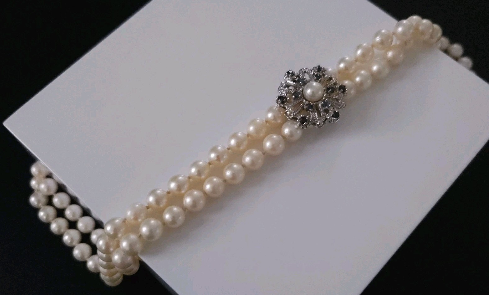 46″ Akoya Pearl Necklace Rope 6.5–7mm w/ .835 Silver Sapphire Enhancer .80ctw