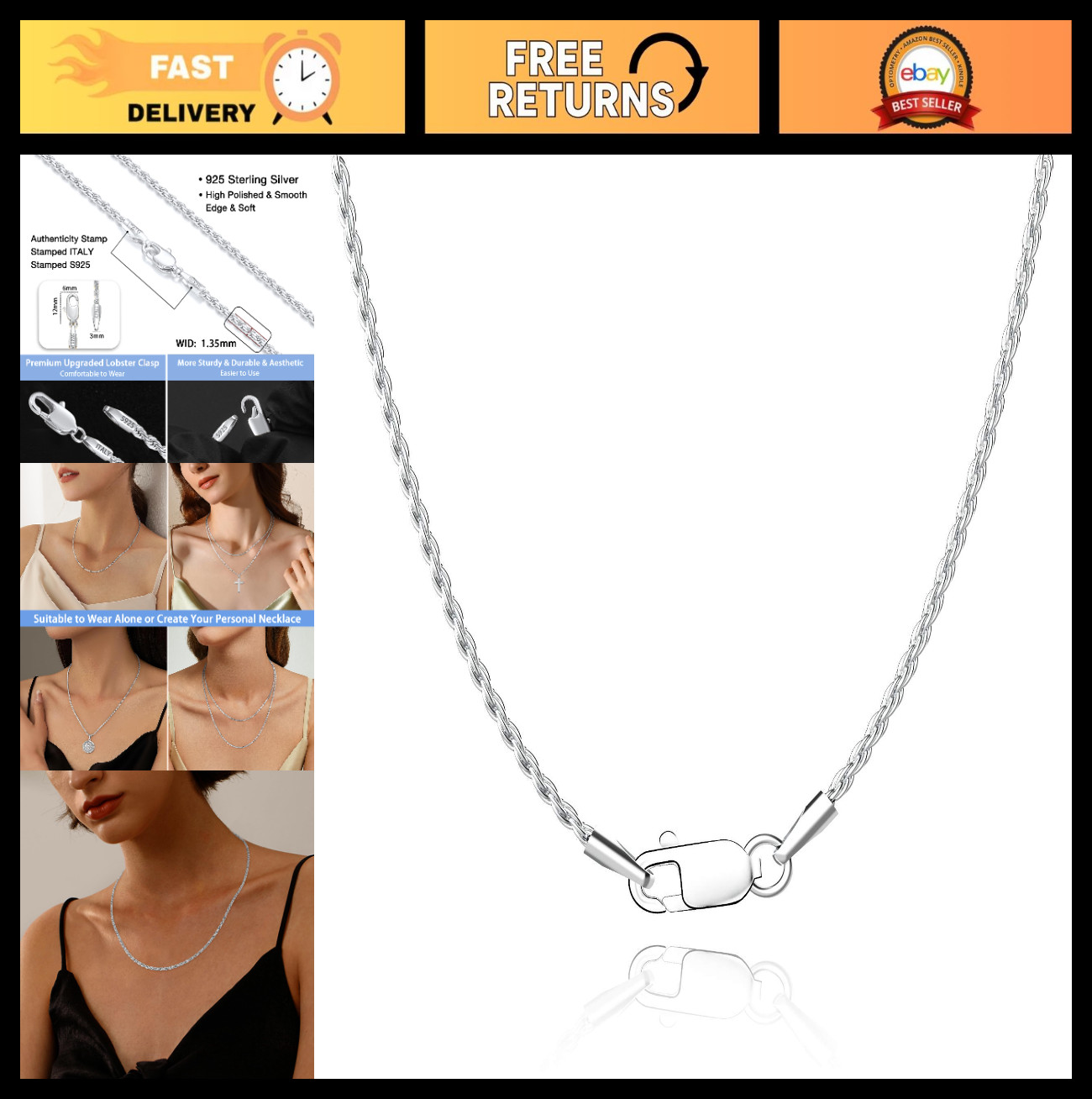 18K Gold Plated 925 Sterling Silver Rope Chain Necklace for Women & Men, 16-26 I