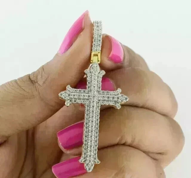 1.30Ct Round Cut Real Moissanite Cross Pendant 14K Yellow Gold Plated 18 Chain