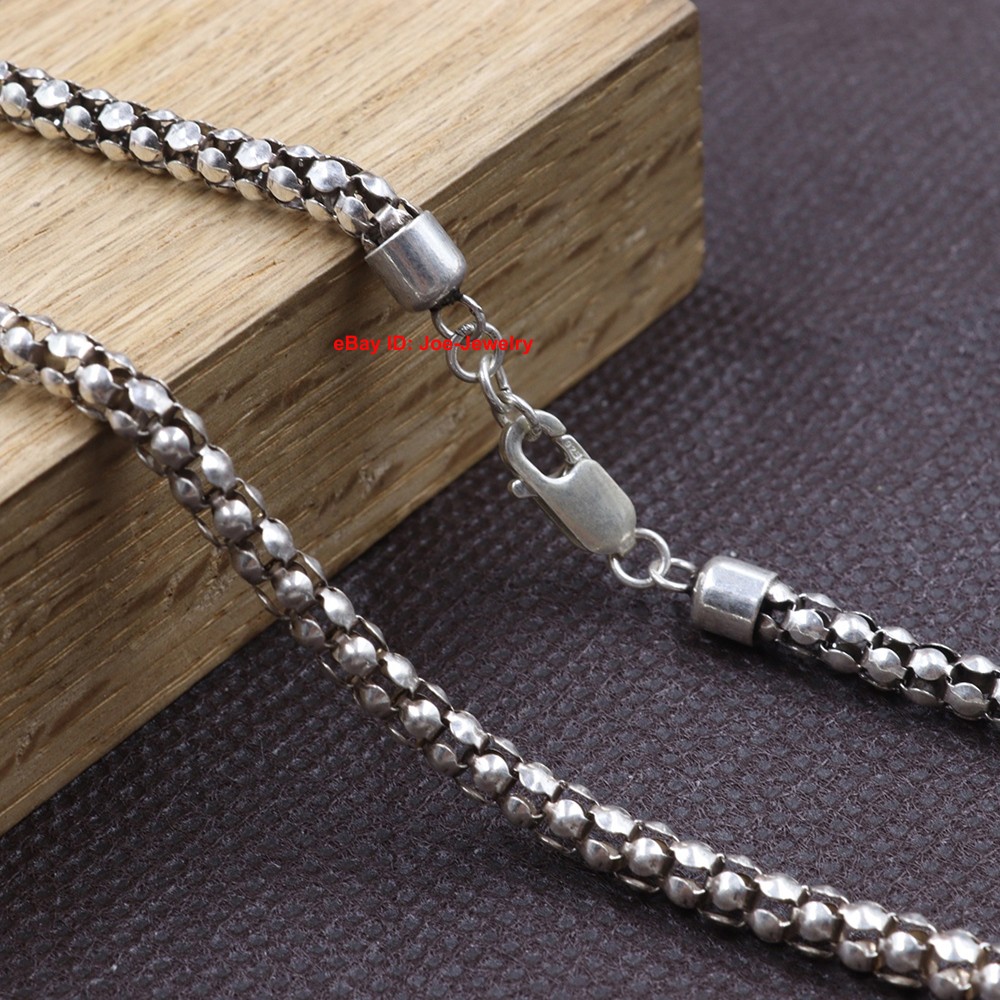 Real 925 Sterling Silver Necklace 4mm Popcorn Link Chain Necklace 27.5inch