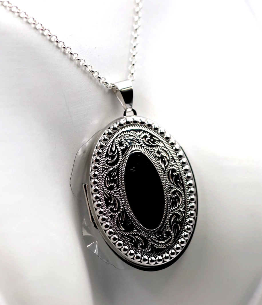 Sterling Silver 925 Large Engraved Border Oval Locket + 70cm Chain -Free Post