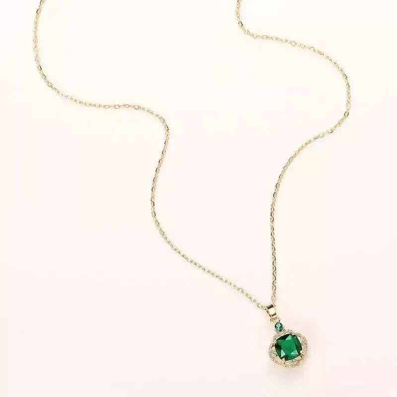 2CT Cushion Cut Lab-Created Green Emerald Diamond Pendant 14K Yellow Gold Plated