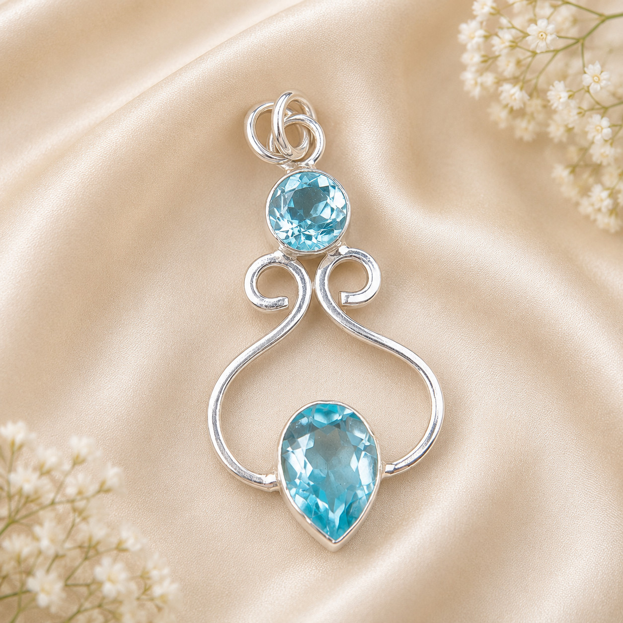 Sky Blue Topaz Gemstone 925 Sterling Silver Necklace Pendent 1.60″ Gift For Wife