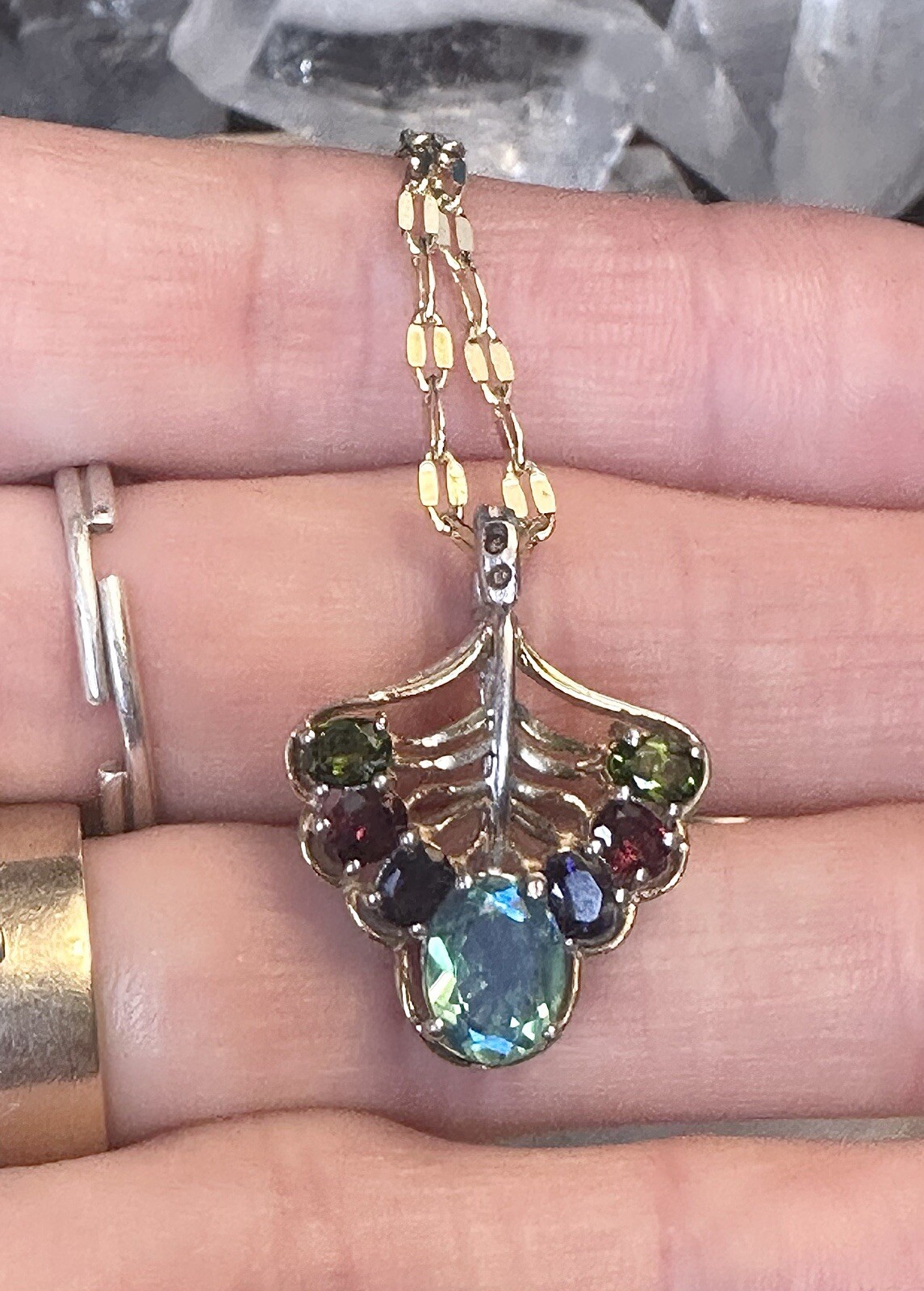 Peacock Quartz Amethyst Garnet Peridot Vermeil Gold 925 Silver Necklace 18 In